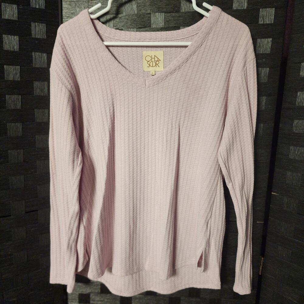 Chaser Women's Waffle Knit Sweater Pink Size S Small Long Sleeve V-Neck